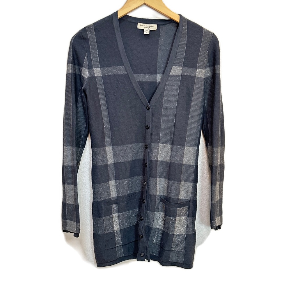 Burberry London Grey Plaid Wool Silk Blend Cardigan Metallic Women’s Small